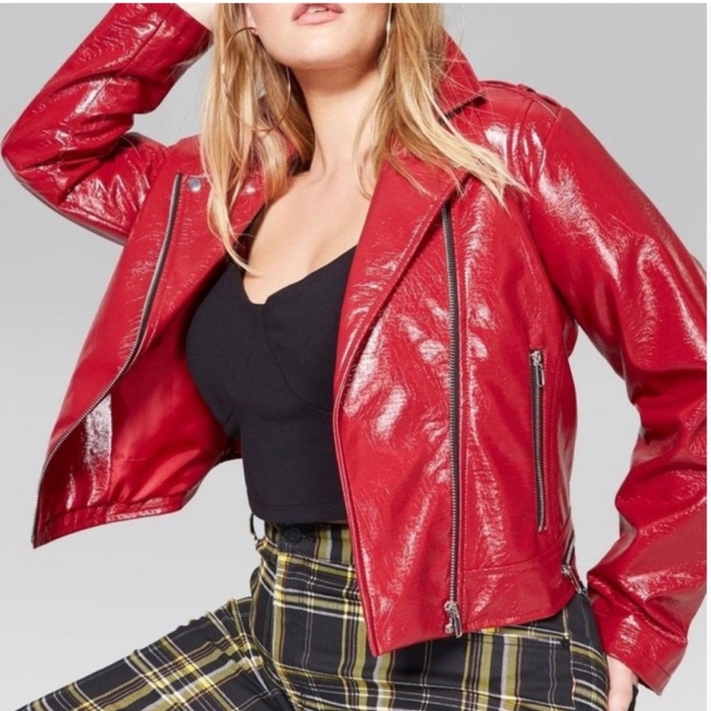 BLANKNYC Red Patent Crinkled Faux Leather Cropped Moto Jacket